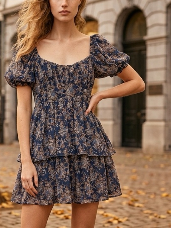Francesca's Collections Dresses & Skirts - Francesca's Collections - Navy Floral Tiered Mini Dress with Puff Sleeves